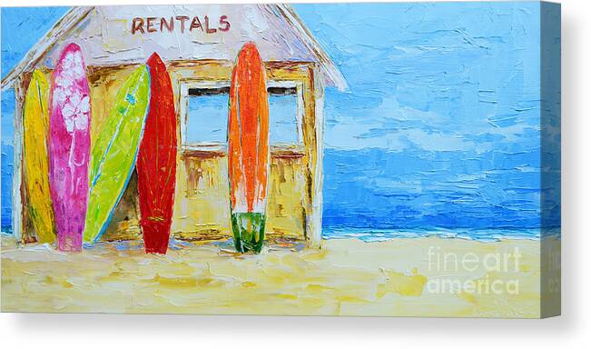 Surfboard Rental Shack At The Beach Canvas Print featuring the painting Surf board Rental Shack at the Beach - Modern Impressionist Palette Knife work by Patricia Awapara
