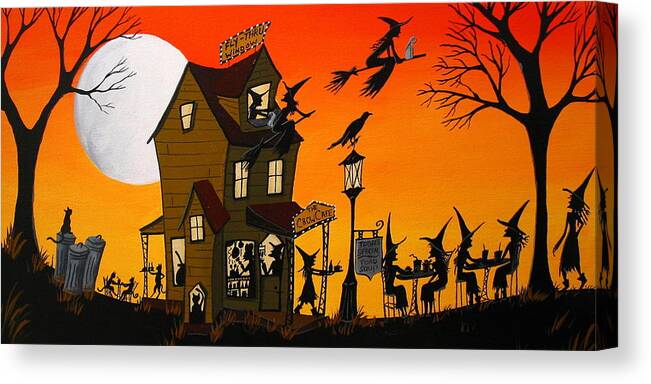 Art Canvas Print featuring the painting The Crow Cafe - Halloween witch cat folk art by Debbie Criswell