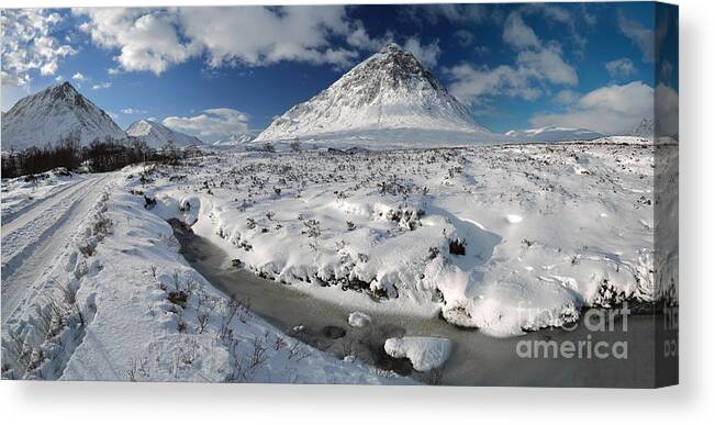 Buachaille Etive Mor Canvas Print featuring the photograph The road to Glen Etive in Winter - Panorama by Maria Gaellman