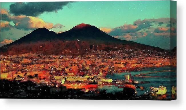 Gulf Of Naples Canvas Print featuring the painting Vesuvio, panorama from Naples - 01 by AM FineArtPrints