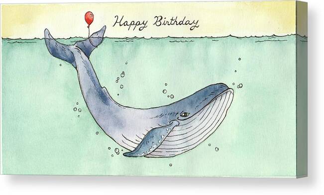 Birthday Canvas Print featuring the painting Whale Happy Birthday Card by Katrina Davis