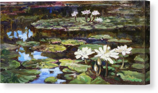 Tower Grove Park Canvas Print featuring the painting White waterlilies in Tower Grove Park by Irek Szelag