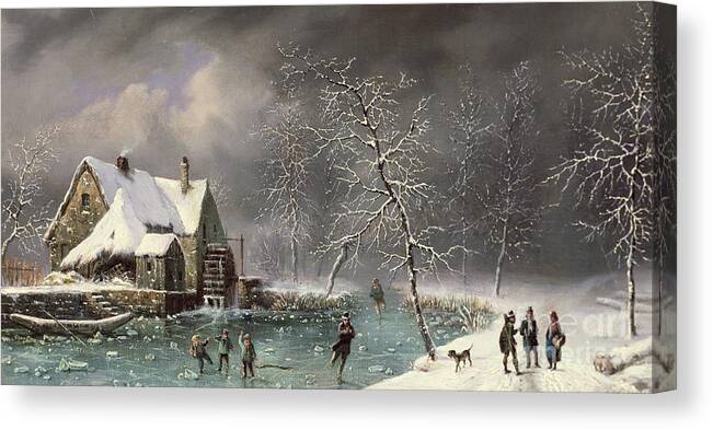 Winter Scene By Louis Claude Mallebranche Canvas Print featuring the painting Winter Scene by Louis Claude Mallebranche
