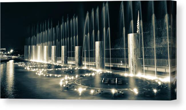 America Canvas Print featuring the photograph Branson Landing Fountains - Panoramic Sepia Edition by Gregory Ballos