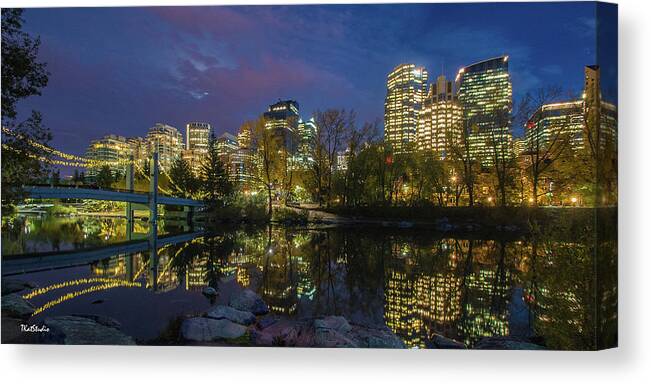 Calgary Canvas Print featuring the photograph Calgary Skyline at Night by Tim Kathka