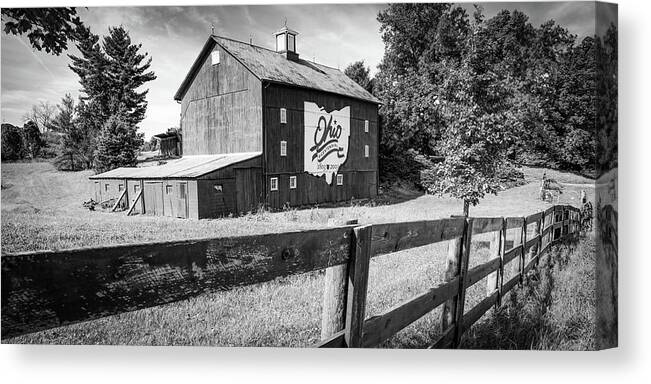 America Canvas Print featuring the photograph Columbus Ohio Bicentennial Barn Panorama - Black and White by Gregory Ballos
