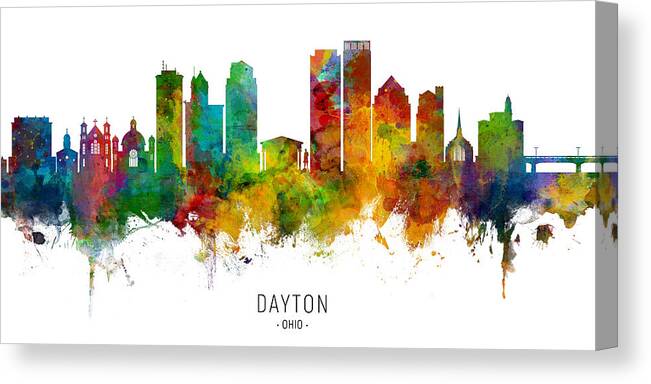 Dayton Canvas Print featuring the digital art Dayton Ohio Skyline Panoramic by Michael Tompsett