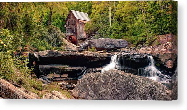 America Canvas Print featuring the photograph Glade Creek Grist Mill and Twin Waterfalls Panorama by Gregory Ballos