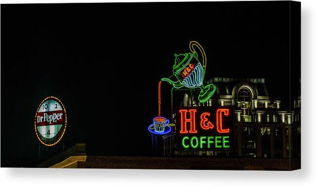 Neon Sign Canvas Print featuring the photograph H C Coffee sign and Dr Pepper Roanoke virginia by Julieta Belmont