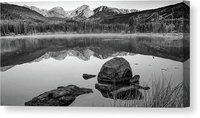 America Canvas Print featuring the photograph Rocky Mountain Landscape Panorama over Sprague Lake - Black and White by Gregory Ballos