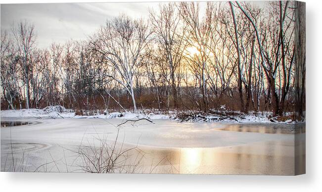 Sunset Canvas Print featuring the photograph Sunset on Frozen Pond by Ira Marcus