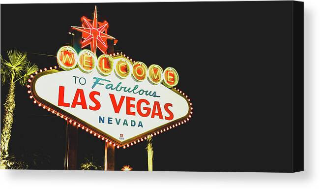 Las Vegas Sign Canvas Print featuring the photograph Welcome to Las Vegas Neon Sign - Nevada USA Vintage Panorama by Gregory Ballos