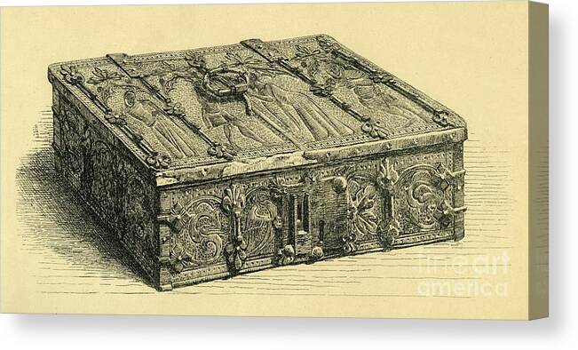 Engraving Canvas Print featuring the drawing Wood And Leather Casket by Print Collector