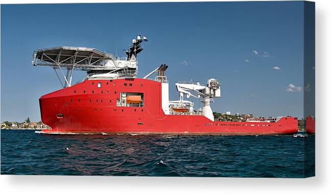 Ship Canvas Print featuring the photograph A 106 meter Transport Ship with helipad at Sydney navy centenary by Geoff Childs