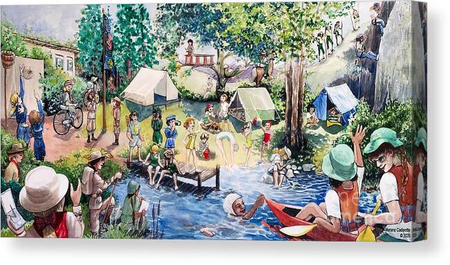 Girls Canvas Print featuring the painting A century plus of outdoor fun for girls by Merana Cadorette