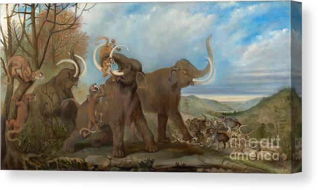 Animal Canvas Print featuring the photograph Attack in Pleistocene England, Waterhouse Hawkins, c. 1870s by Science Source