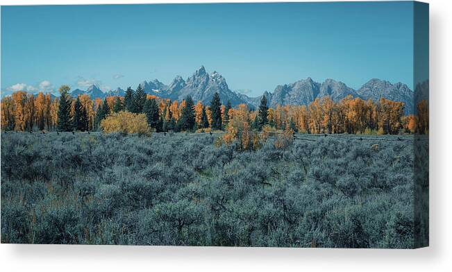 Beautiful Autumn Landscape In Grand Teton National Park Canvas Print featuring the photograph Autumn Panorama Grand Tetons by Dan Sproul