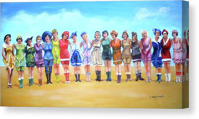 Colorful Array Of Women In Vintage Bathing Suits Canvas Print featuring the painting Bathing Beauties by Olga Kaczmar
