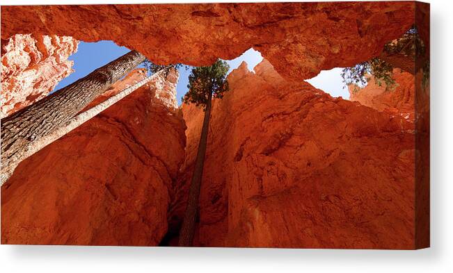 America Canvas Print featuring the photograph Blue sky piercing between two orange cliffs by Jean-Luc Farges