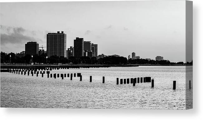 Chicago Illinois Canvas Print featuring the photograph Chicago Illinois Lake Michigan Panorama - Black and White by Gregory Ballos