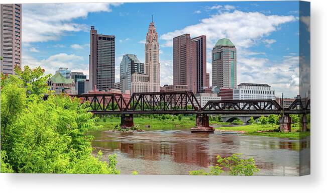 Columbus Skyline Canvas Print featuring the photograph Columbus Skyline Panorama From North Bank Park by Gregory Ballos