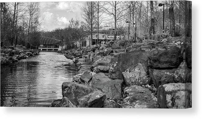 Crystal Bridges Canvas Print featuring the photograph Crystal Bridges Museum Riverscape Panorama In Black and White by Gregory Ballos