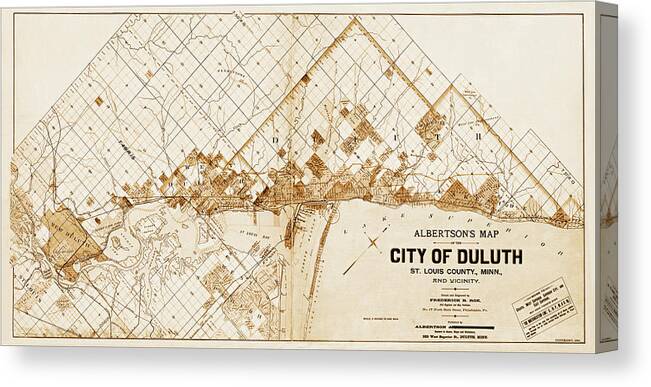 Duluth Canvas Print featuring the photograph Vintage Map Duluth Minnesota 1891 Sepia by Carol Japp