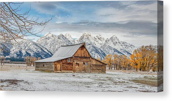 Wyoming Canvas Print featuring the photograph Early Fall Snow at Mormon Row, A Grand Tetons Panorama by Marcy Wielfaert
