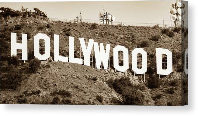Hollywood Sign Canvas Print featuring the photograph Famous Hollywood Sign in Los Angeles California - Sepia Panorama by Gregory Ballos