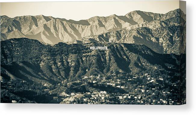 Hollywood Sign Canvas Print featuring the photograph Hollywood Hills Sign Panoramic Sepia Mountain Landscape by Gregory Ballos