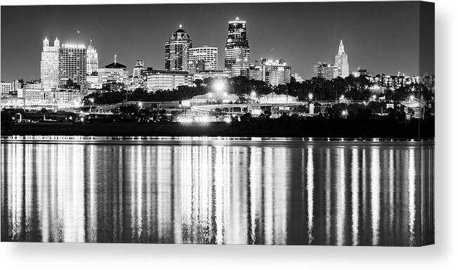 Kc Skyline Canvas Print featuring the photograph Kansas City Evening Skyline Panorama Over The River - Black And White Edition by Gregory Ballos