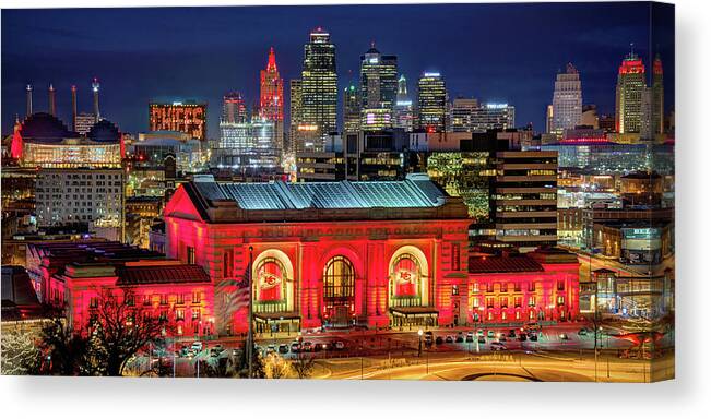 Super Bowl Canvas Print featuring the photograph Kansas City Skyline NIGHT KC Chiefs Union Station Red Panoramic by Jon Holiday