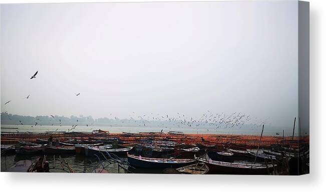 Birds Flocking Canvas Print featuring the photograph Life on Ganges by Jarek Filipowicz