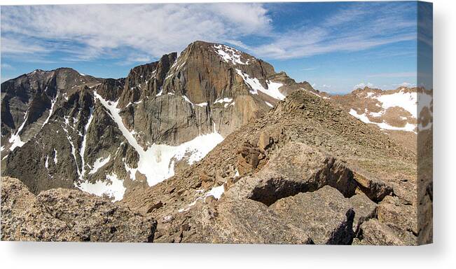Longs Peak Canvas Print featuring the photograph Longs Peak Diamond Panorama by Aaron Spong