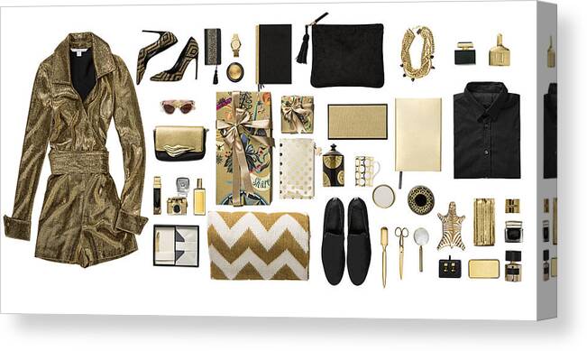 Event Canvas Print featuring the photograph Luxury fashionable gold clothing and stationery items flat lay on white background by Bonetta
