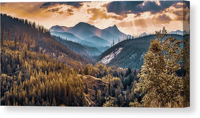 Glacier Park Canvas Print featuring the photograph Montana Rocky Mountain Peaks At Glacier National Park Panorama by Gregory Ballos