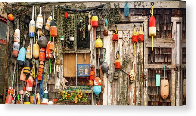 Fisherman Buoys Canvas Print featuring the photograph New England Fishing Shack And Colorful Buoys Panorama by Gregory Ballos
