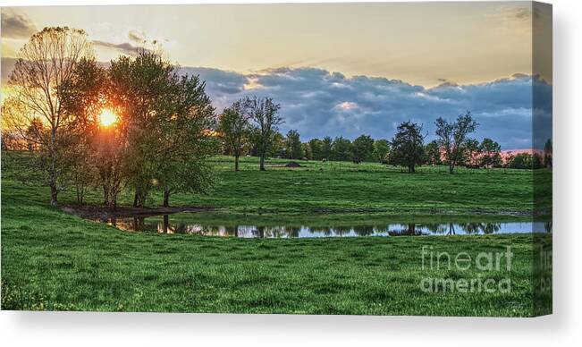 Ozarks Canvas Print featuring the photograph Ozarks Country Pond Sunset Pano by Jennifer White