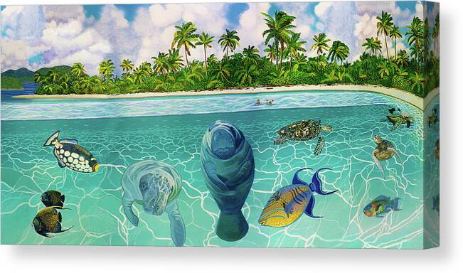 South Pacific Islands Canvas Print featuring the painting South Pacific Paradise with Sea Turtles Towel Version by Bonnie Siracusa