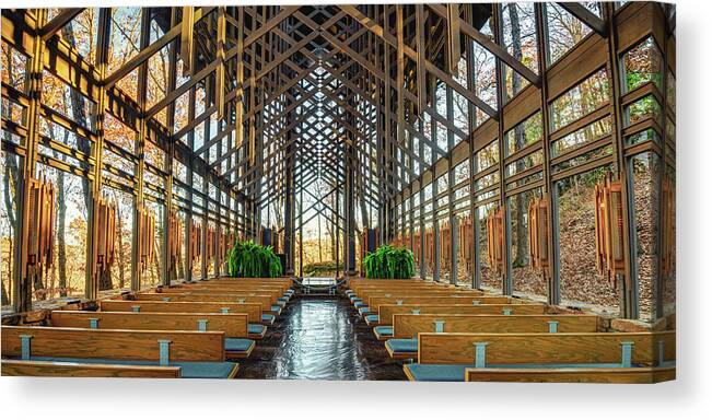 America Canvas Print featuring the photograph Sunrise at Thorncrown Chapel - Panoramic Architecture by Gregory Ballos