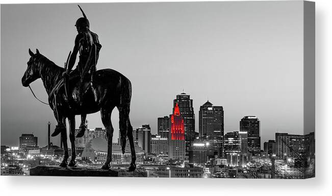 Kansas City Scout Canvas Print featuring the photograph The Kansas City Scout Overlooking The Downtown Cityscape - Selective Color Panorama by Gregory Ballos