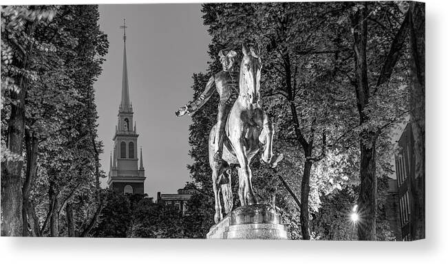 Boston Massachusetts Canvas Print featuring the photograph The Old North Church and Paul Revere Panorama - Boston Monochrome by Gregory Ballos