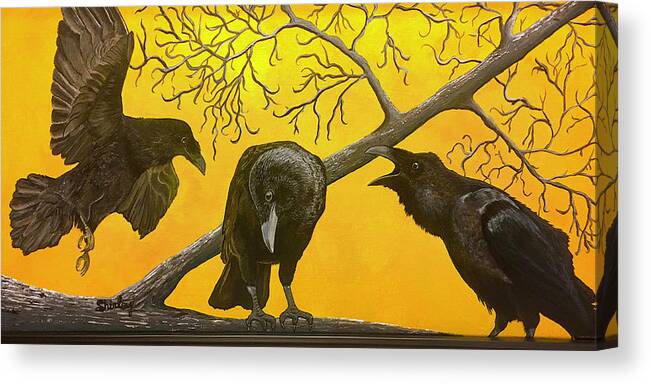 Birds Canvas Print featuring the painting The Raven Triad by Shirley Dutchkowski