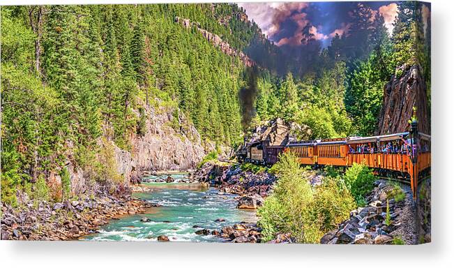 Colorado Train Canvas Print featuring the photograph Vintage Mountain Train Panorama - Durango and Silverton Railroad by Gregory Ballos