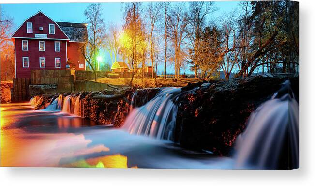 War Eagle Mill Canvas Print featuring the photograph War Eagle Mill and Waterfalls Panorama - Rogers Arkansas by Gregory Ballos