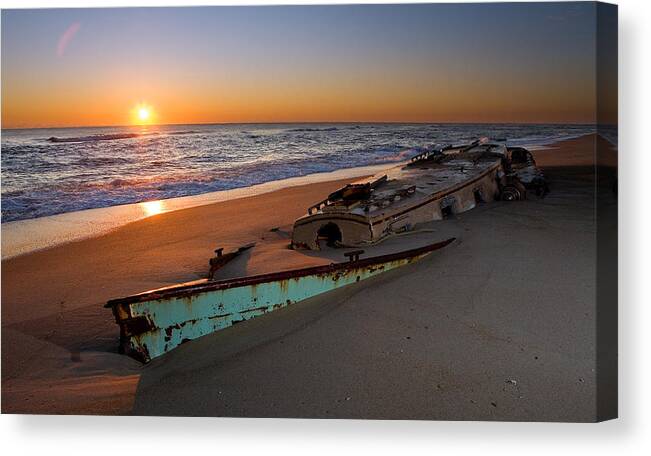 North Carolina Canvas Print featuring the photograph Beached Boat at Sunrise I - Outer Banks by Dan Carmichael