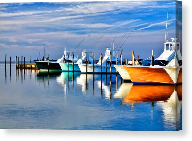 Outer Banks Canvas Print featuring the painting Boats at Oregon Inlet Outer Banks II by Dan Carmichael