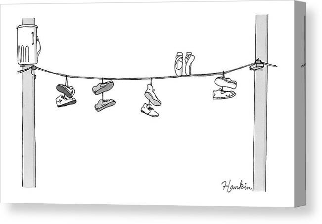 Captionless Canvas Print featuring the drawing Several Pairs Of Shoes Dangle Over An Electrical by Charlie Hankin