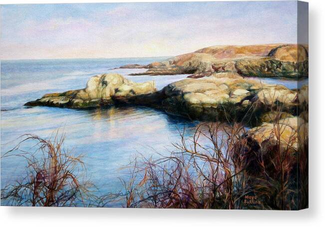 Coast Canvas Print featuring the painting The rocky shore of the ocean by Maya Bukhina