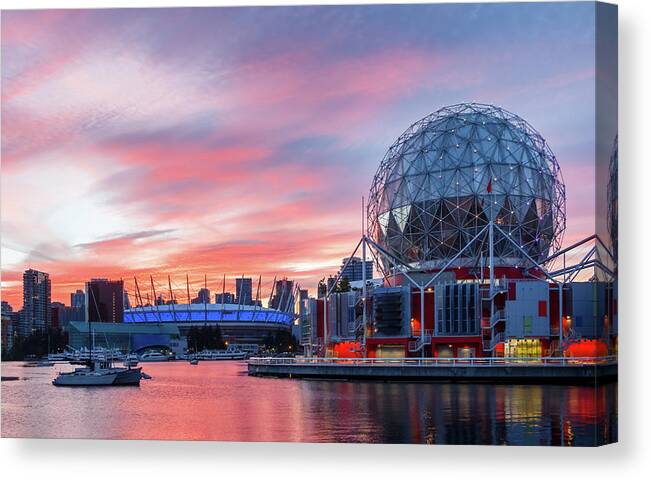 Canada Canvas Print featuring the photograph Science World and BC Place Stadium at Sunset. Vancouver, BC by Rick Deacon